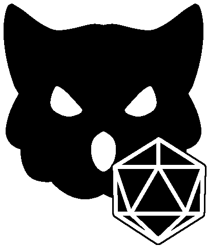  A black and white drawing of an owl head with a d20 in front of it.